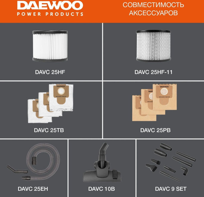 Строительный пылесос Daewoo DAVC 2014S,  оранжевый