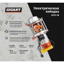 Электрическая лебедка Gigant 300/600 кг, 220 В, 60/30 м, Диаметр троса 6мм, GEW-08