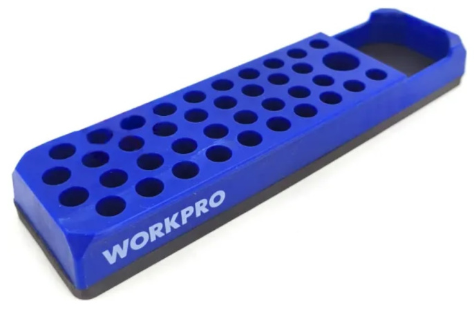 Держатель бит WorkPro WP433056 (магнитный, с отверстиями бит 38шт x ø6.35мм и отверстием переходника бит ø13 мм, вес одного долота: 181 г, надежная фиксация бит, изготовлен из высококачественных материалов, компактный размер, биты в комплект не входят)
