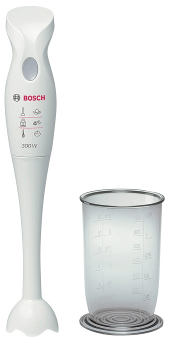 Блендер Bosch MSM6B150 300 Вт, нож: 4 лезвия из нержавеющей стали, управление: одна кнопка, длина кабеля: 1.5 м, материал: пластик, цвет: белый