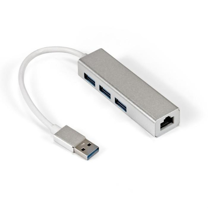 Кабель-адаптер ExeGate EXE-77U3T-45 (USB3.0 --> 3xUSB3.0 + 1xRJ45 UTP 1000Mbps RTL8153, корпус алюминиевый, серебристый) EX294185RUS