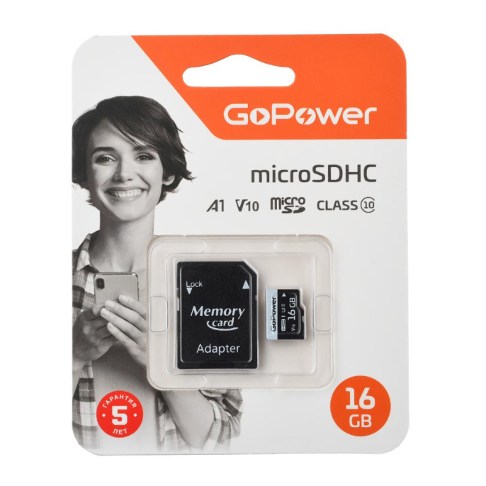 Карта памяти microSD GoPower 16GB Class10 60 МБ/сек V10 с адаптером (00-00025674)