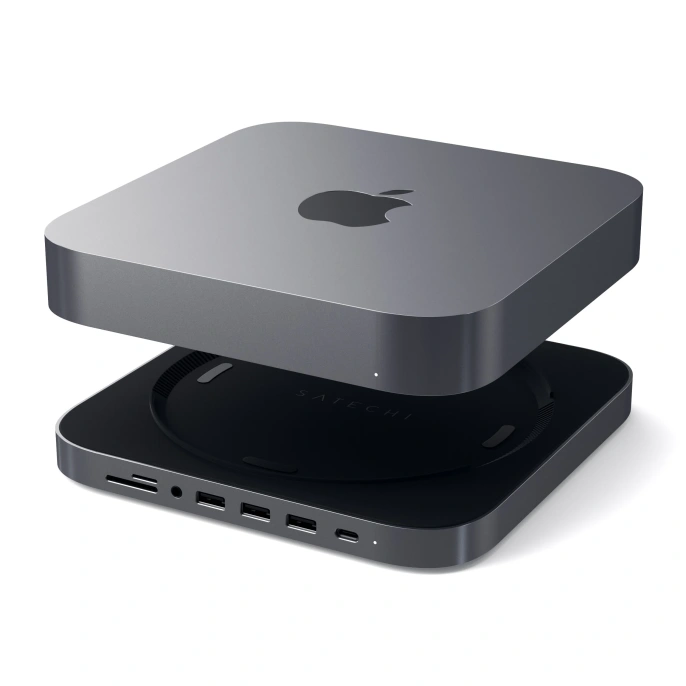 USB док станция с подставкой Satechi Mac Mini Stand & Hub для Mac Mini. Порты: 1x USB-C, 3 x USB, 3,5mm AUX, SD, microSD. Цвет: серый космос. (ST-ABHFM)