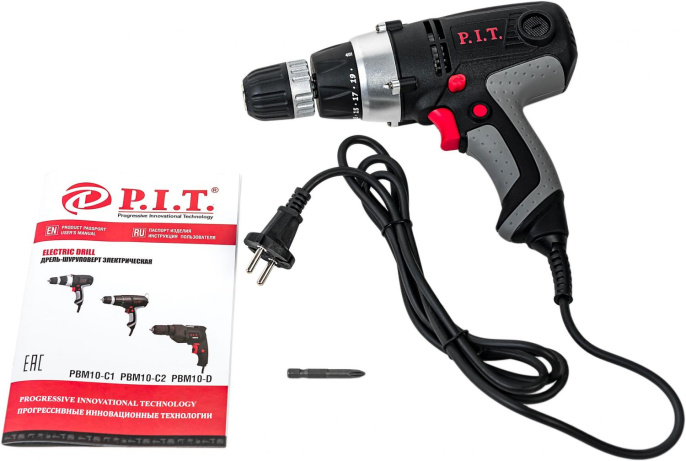 Дрель-шуруповерт P.I.T. PBM10-C2 безударная, диаметр патрона: 0.8 - 10мм, количество скоростей: 2, диаметр сверления: дерево 25мм, металл 10мм, максимальный крутящий момент: 26Нм, мощность: 400Вт