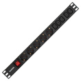 Блок розеток с выключателем с подсветкой ExeGate ServerPro PDU-19H009 Al-5C135S-EU2.5CU-SW (19", 1U, Алюминий, 5*IEC 320 C13, 5*EU/Тип F(Schuko), Евровилка EU/Тип F(Schuko) VDE-250V-16A-3*1.5mm2, медь, 2.5 метра, выкл. с подсветкой, черный, RTL) EX280867R