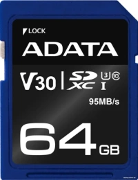 Карта памяти SDXC 64 Gb ADATA Premier ASDX64GUI3V30S-R 64 ГБ, класс 10, UHS-I RETAIL