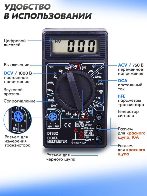 Мультиметр Ресанта DT 832 цифровой черный